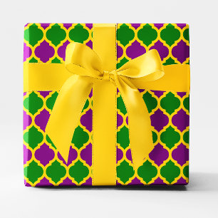 Papel De Presente Dourada Mardi Gras Quatrefoil Verde e Roxo