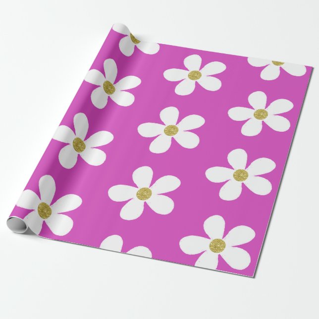 Papel De Presente Dourada Margarida Simples Branca Roxa (Desenrolado)