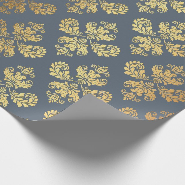 Papel De Presente Dourada Royal Damask Ornamental Floral Cinza Azul  (Ponta)