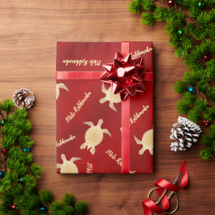 Papel De Presente Dourada Tartarugas Vermelhas Mele Kalikimaka Natal