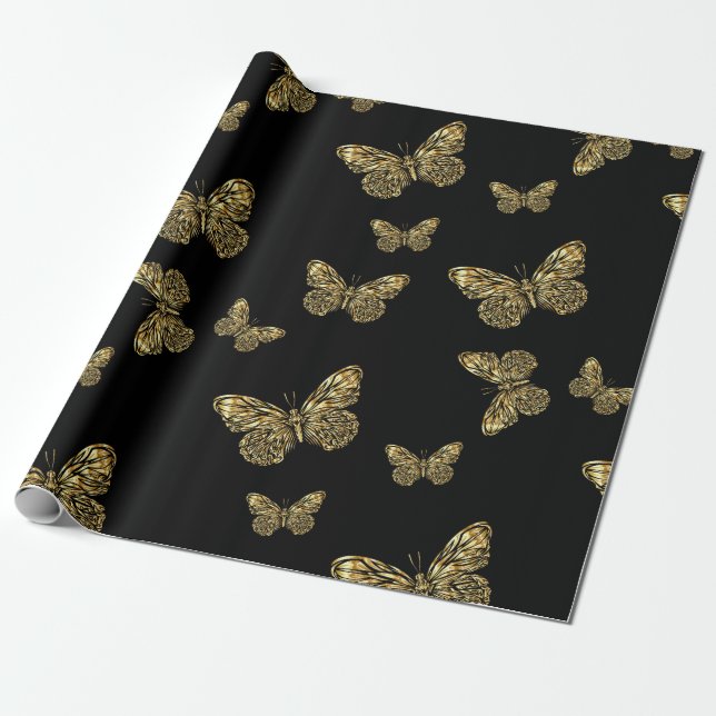 Papel De Presente Douradas Borboletas no padrão preto e fofo da traç (Desenrolado)