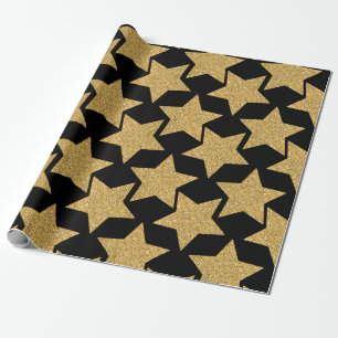 Papel De Presente Douradas estrelas de brilho em preto