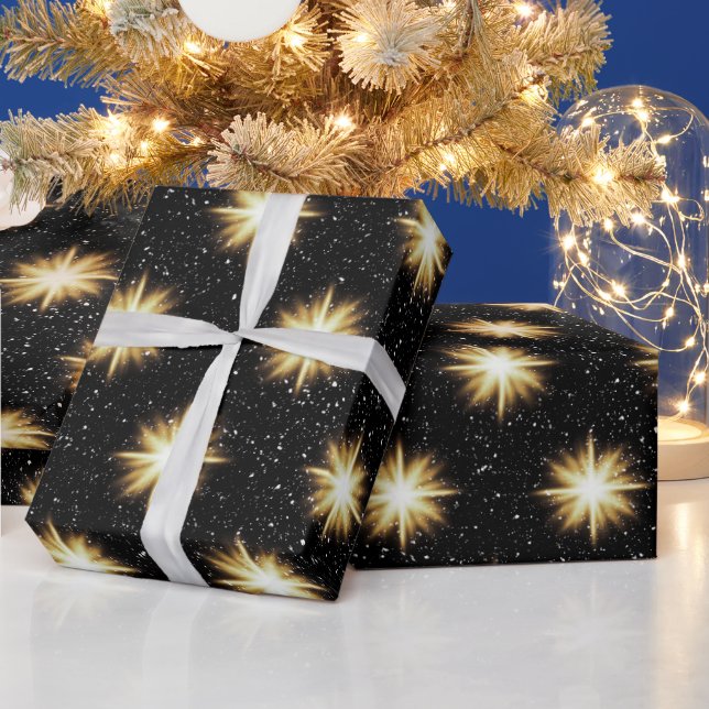 Papel De Presente Douradas estrelas e flocos de neve (Feriados)