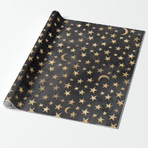 Papel De Presente Douradas estrelas e luas em preto