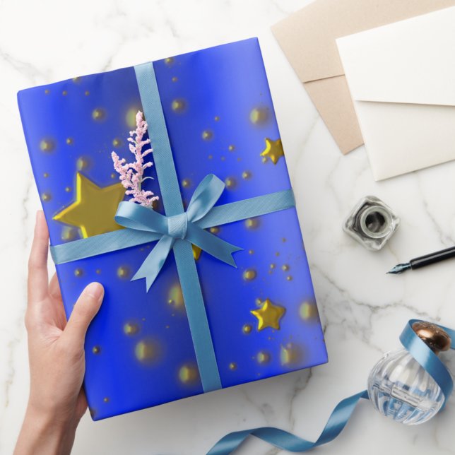 Papel De Presente Douradas estrelas em azul (Criador carregado)