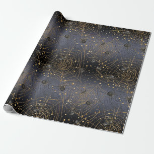 Papel De Presente Douradas Webs de Aranha no Fundo da Noite Negra