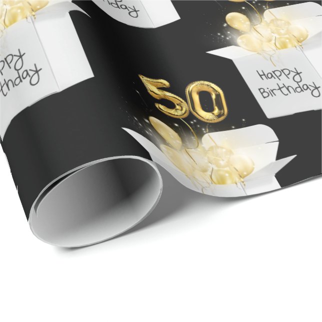 Papel De Presente Dourado 50º Balões de Aniversário na Caixa (Ponta do rolo)