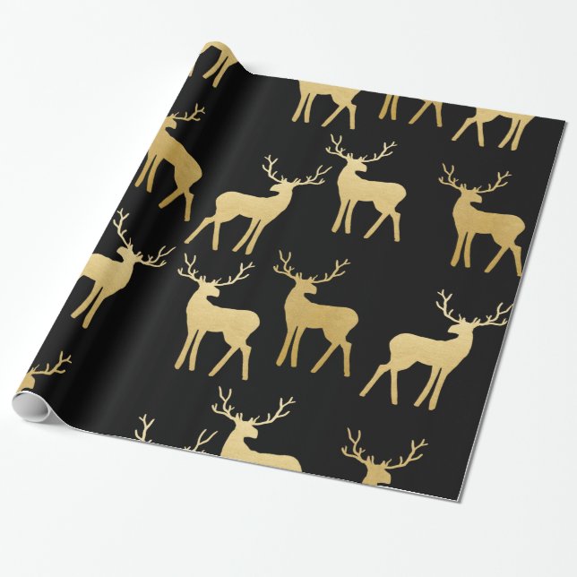 Papel De Presente Dourado Antler Reindeer Feriado Preto (Desenrolado)