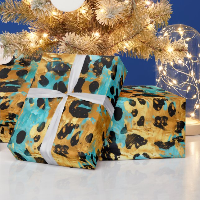 Papel De Presente Dourado Aqua Black Lepard Animal (Feriados)