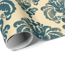 Papel De Presente Dourado & Azul Vintage Rústico Glam Moderno Damasc