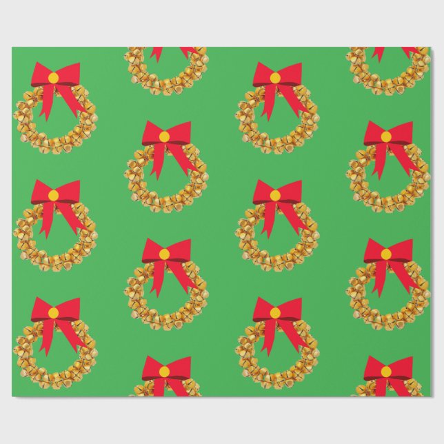 Papel De Presente Dourado Bells Wreath Green WrapPaper (Aberto)