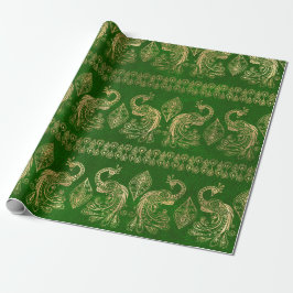 Papel De Presente Dourado Boho Peacocks em Verde Brilhante