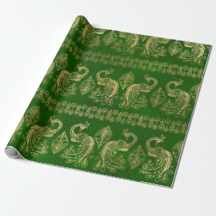 Papel De Presente Dourado Boho Peacocks em Verde Brilhante