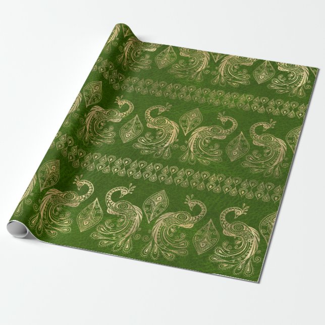 Papel De Presente Dourado Boho Peacocks em Verde Brilhante (Desenrolado)