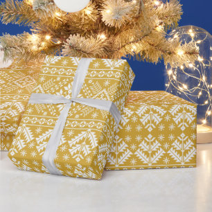 Papel De Presente Dourado Branco Floco de Neve & Floral Fair Isle Na