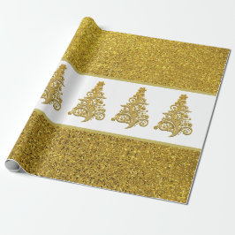 Papel De Presente Dourado brilho com árvore de Natal em árvore