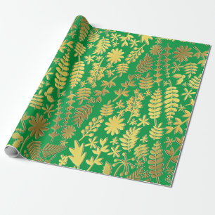 Papel De Presente Dourado Brilho e Verde Padrão de Árvore de Natal S
