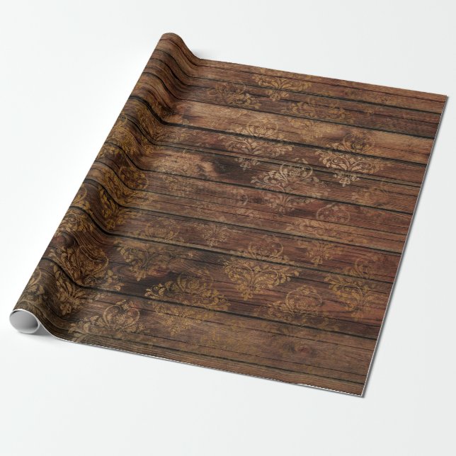 Papel De Presente Dourado Damask on Brown Wood (Desenrolado)