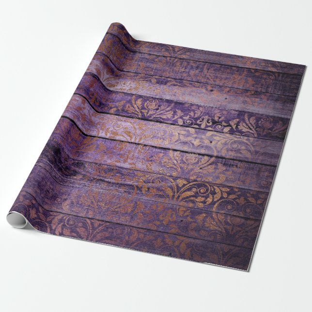 Papel De Presente Dourado Damask on Purple Wood (Desenrolado)