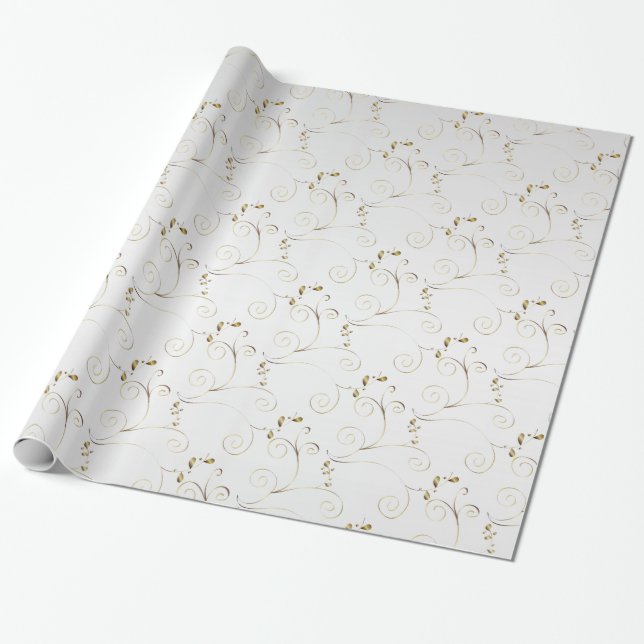 Papel De Presente Dourado Damask on White Faux Satin | Casamento (Desenrolado)