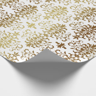 Papel De Presente Dourado Damask White Script Elegante