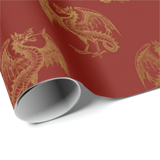 Papel De Presente Dourado Dragão Real Rei Justo Pastel Vermelho Herá (Ponta do rolo)