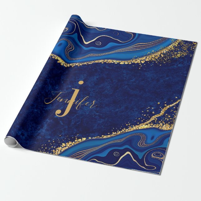 Papel De Presente Dourado e Azul Moderno - Personalizado para Decoup (Desenrolado)