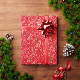 Papel De Presente Dourado e legante Padrão de Folha Vermelho