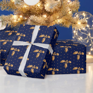 Papel De Presente Dourado e Marinho Holly de Natal Azul