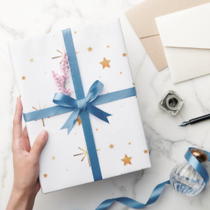 Papel De Presente Dourado Elegante Branco Moderno Estrelas Festivas
