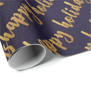 Papel De Presente Dourado feriado feliz Script Deep Blue Marinho