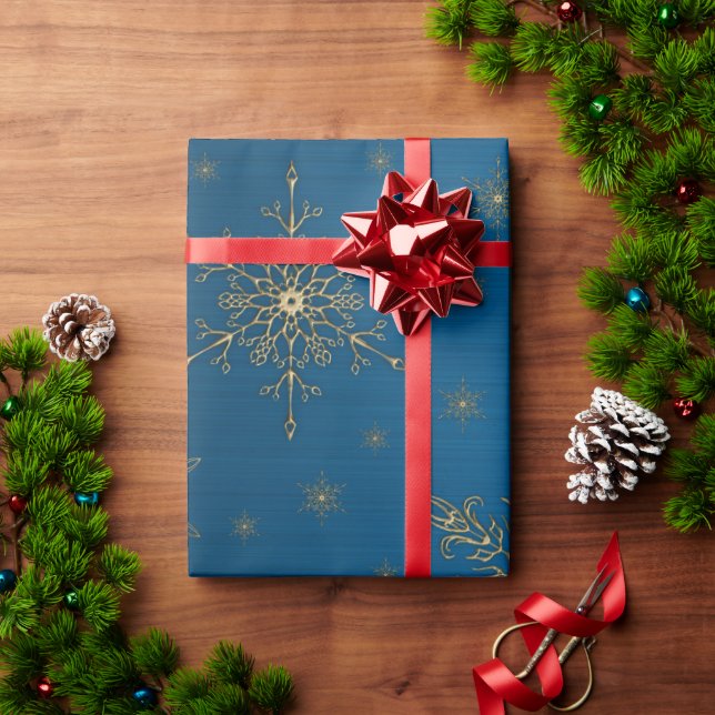 Papel De Presente Dourado Floco de Neve Metálico Azul  (Presente de Natal)
