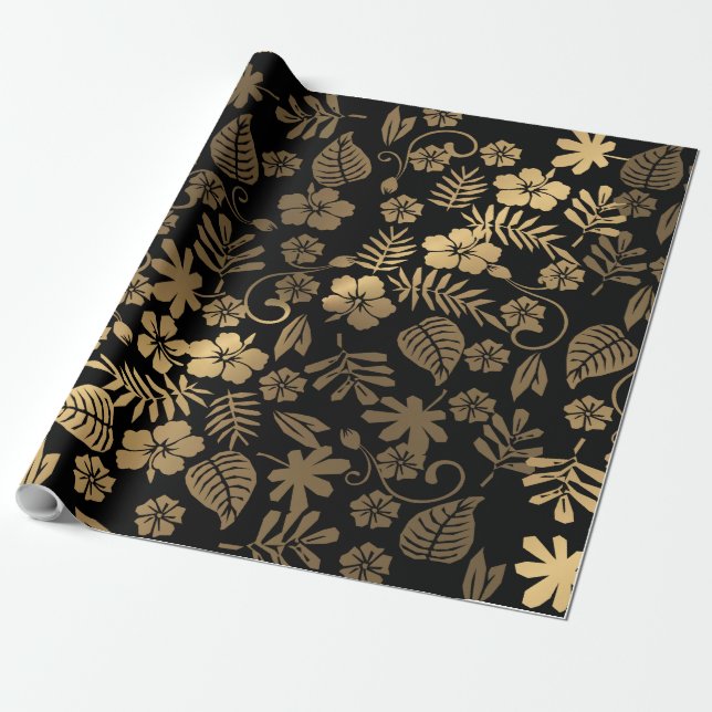 Papel De Presente Dourado Floral e preto (Desenrolado)