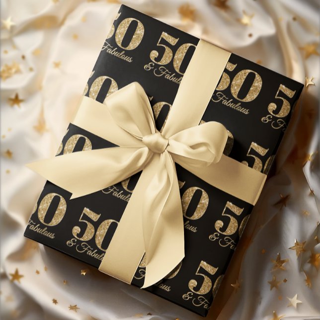 Papel De Presente Dourado Glitter 50 & Fabuloso em Preto (Glittery Gold 50 & Fabulous on Black Wrapping Paper)