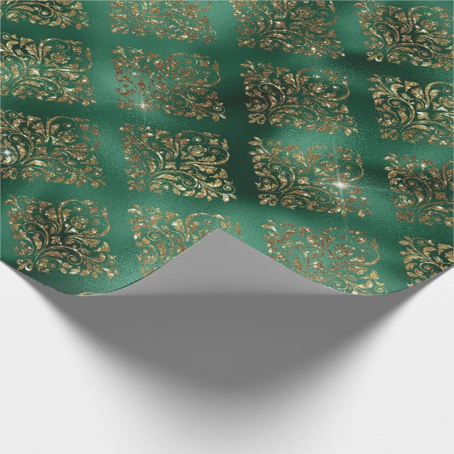 Papel De Presente Dourado Green Damask Elegante Natal (Ponta)