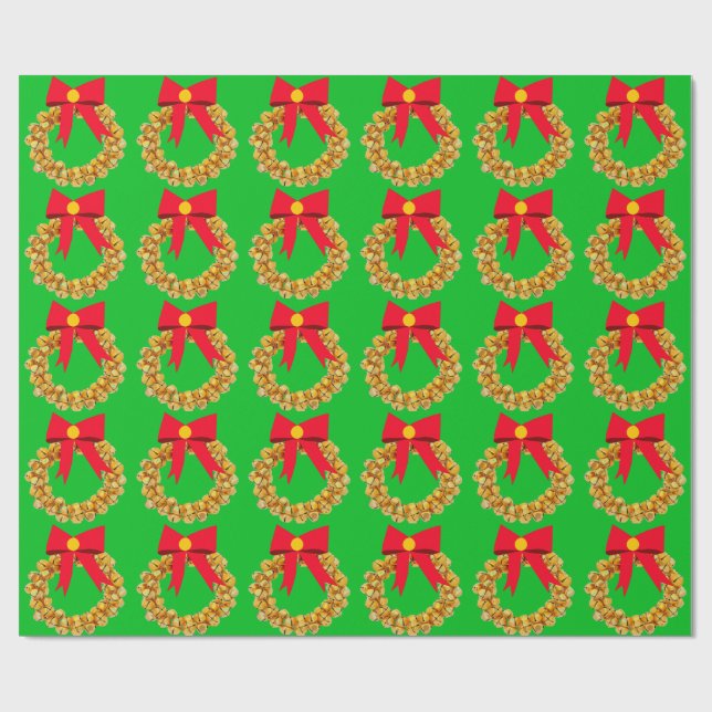 Papel De Presente Dourado Jingle Bells Wreath Green WrapPaper (Aberto)