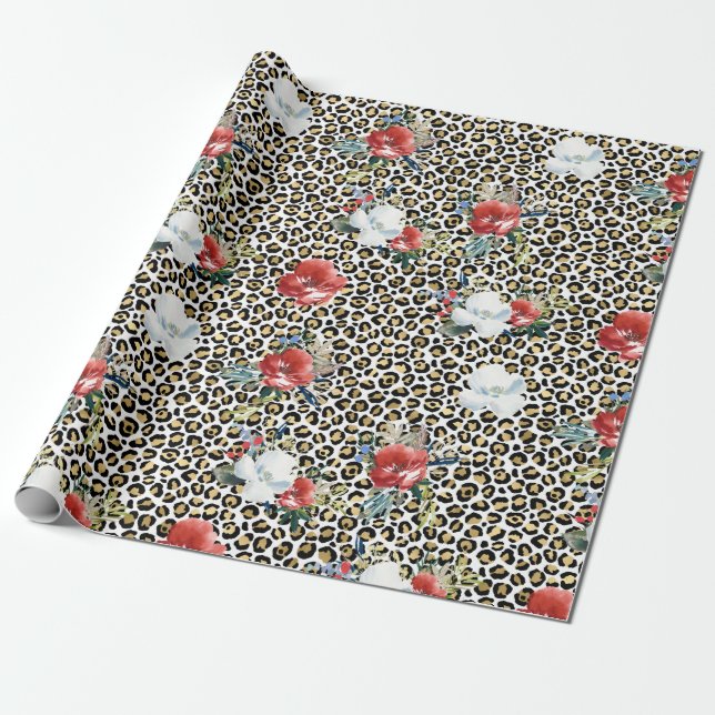 Papel De Presente Dourado Leopardo - Impressão Vermelho - Floral Bra (Desenrolado)