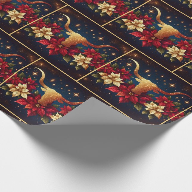 Papel De Presente Dourado Longhorn Steer com Poinsettias Natal (Ponta)