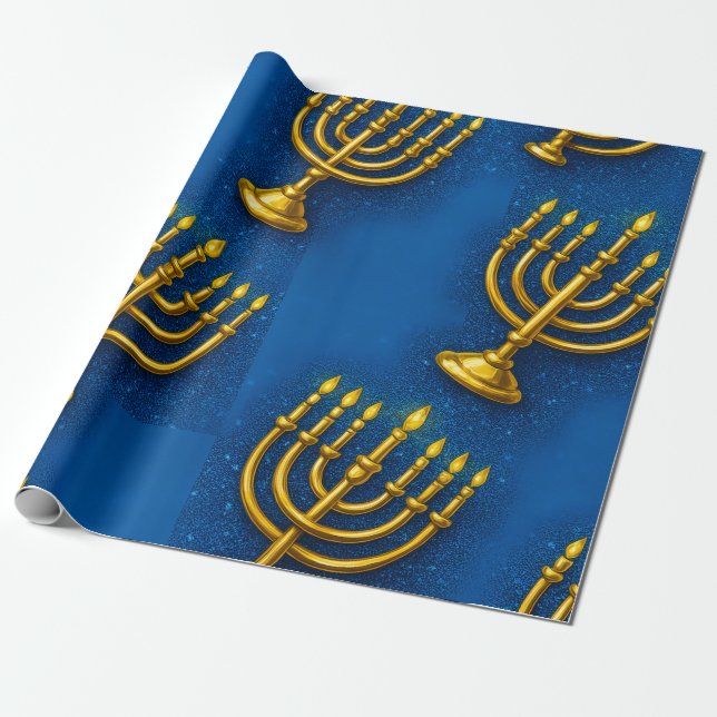 Papel De Presente Dourado Menorah no Antro Azul Esparso Hanukkah (Desenrolado)