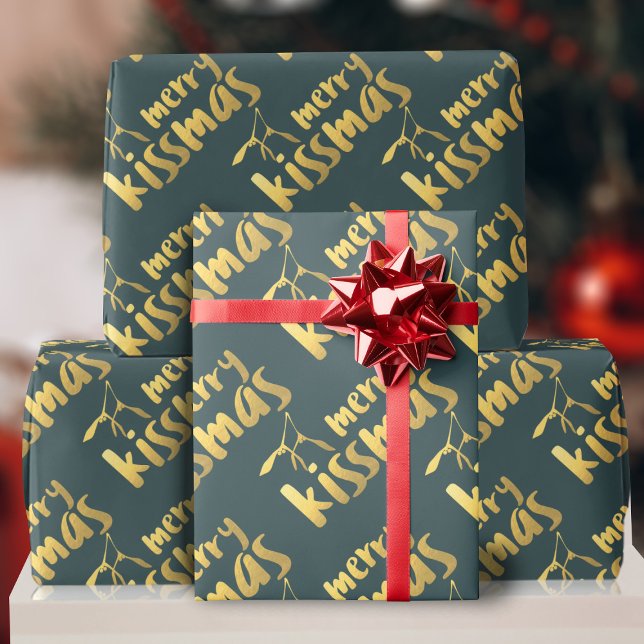 Papel De Presente Dourado Mistletoe Kissmas Papel de Moldagem de Nat (Merry Kissmas wrapping paper just for you)
