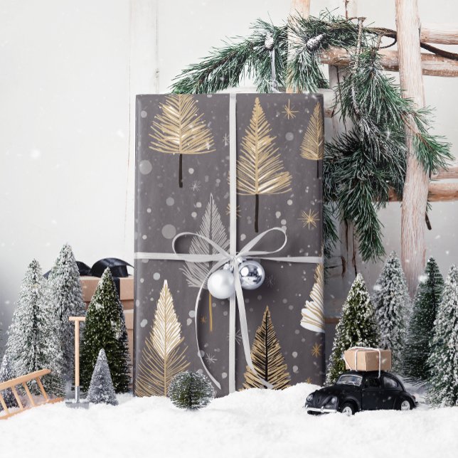 Papel De Presente Dourado Natal Lux no Papel de Moldagem de Cinzas (Wrap your gifts in elegance with Lux Christmas Gold on Gray—pure holiday magic!)