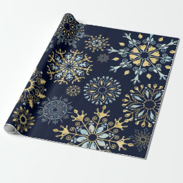 Papel De Presente Dourado Natal Moderno Molho de Neve Azul