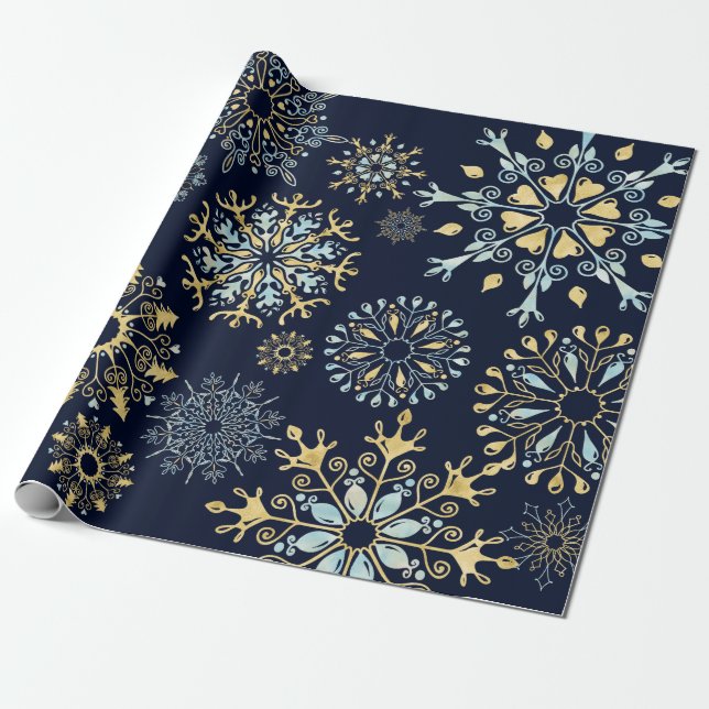 Papel De Presente Dourado Natal Moderno Molho de Neve Azul (Desenrolado)