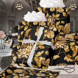 Papel De Presente Dourado no Black Modern Vintage Floral Toile