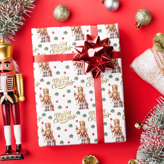 Papel De Presente Dourado Nutcracker Festivo Feliz Natal (Gold Nutcracker Festive Merry Christmas Wrapping Paper)