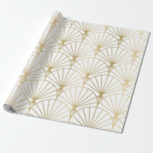 Papel De Presente Dourado padrão art-deco em branco