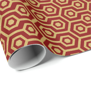 Papel De Presente Dourado padrão octogonal no fundo vermelho escuro