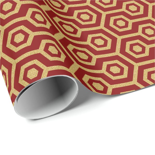 Papel De Presente Dourado padrão octogonal no fundo vermelho escuro (Ponta do rolo)