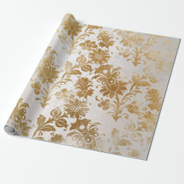 Papel De Presente Dourado Prado Branco Algodão Floral Grungy Damask