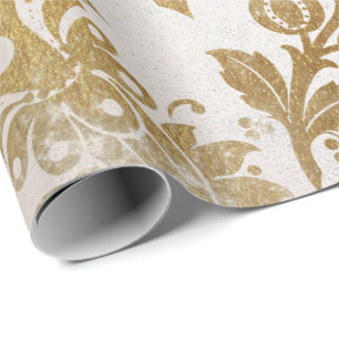 Papel De Presente Dourado Prado Branco Algodão Floral Grungy Damask